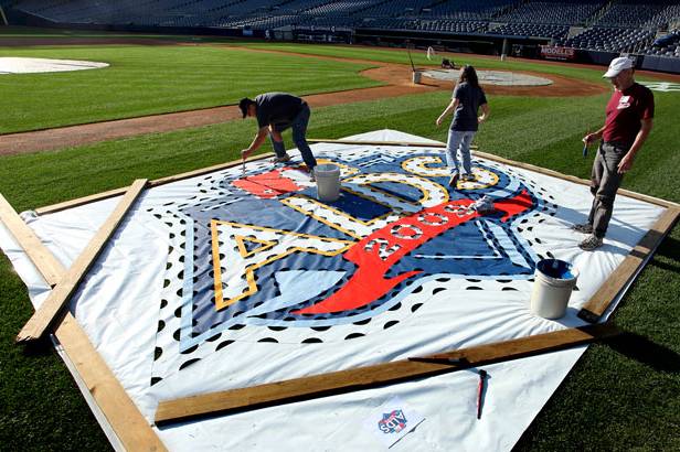 The ALDS logo, painted onto the field at Yankee Stadium on Monday.